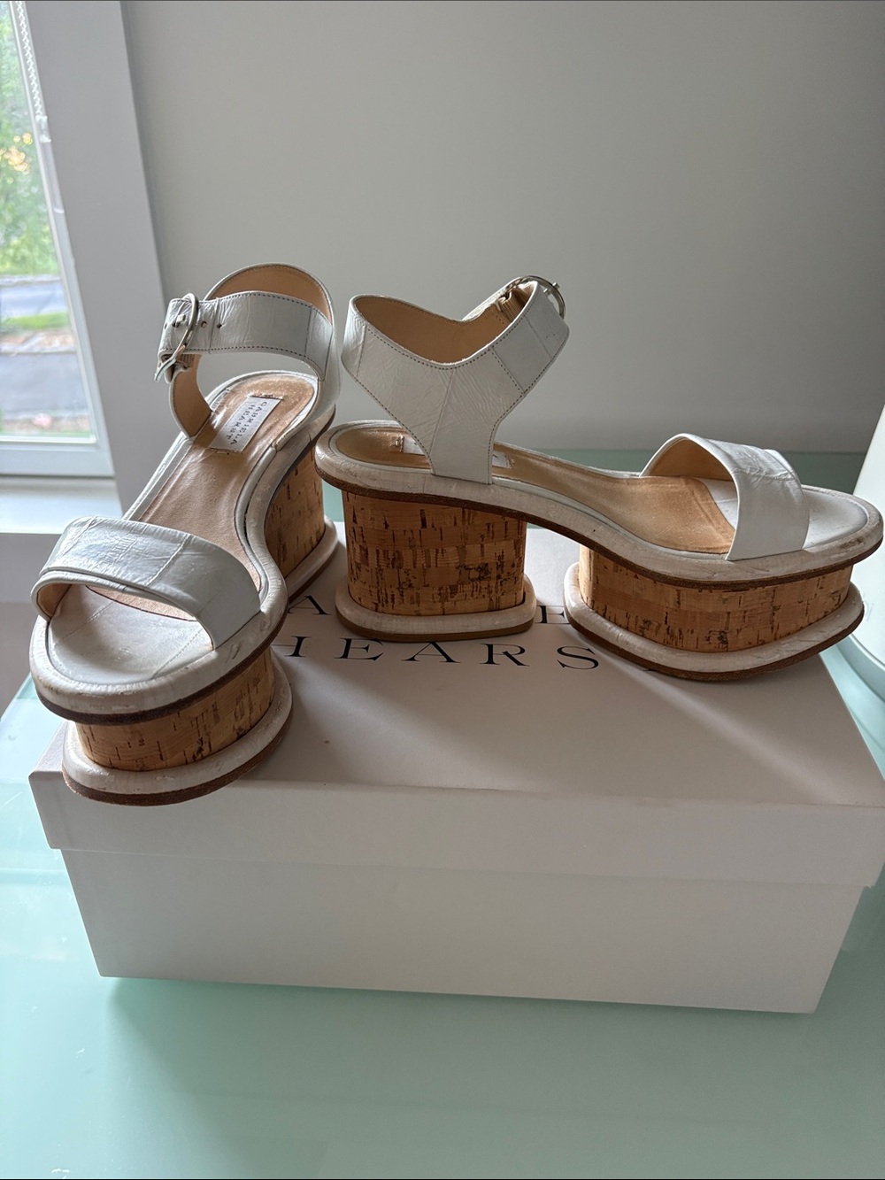 Gabriela Hearst White Cork Platform Ankle-Strap Sandals sz 37